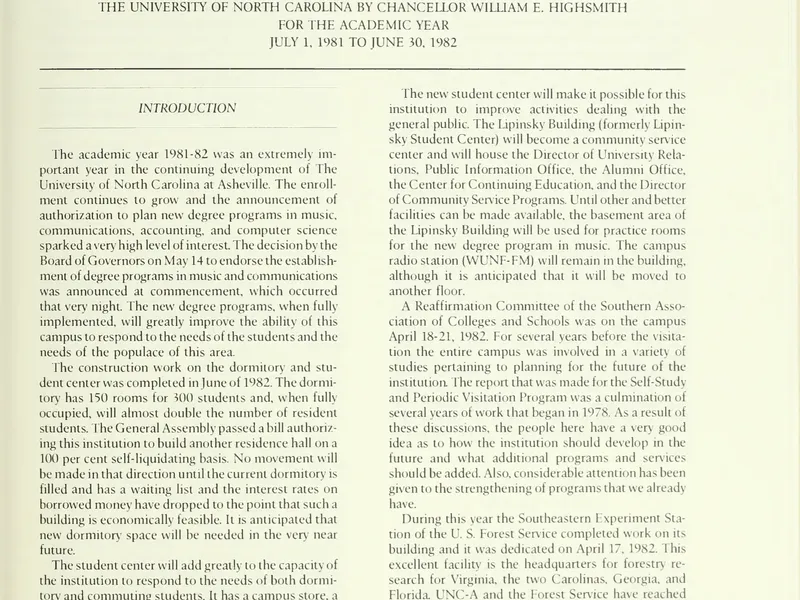 1981-1982 UNCA From UNC President Report